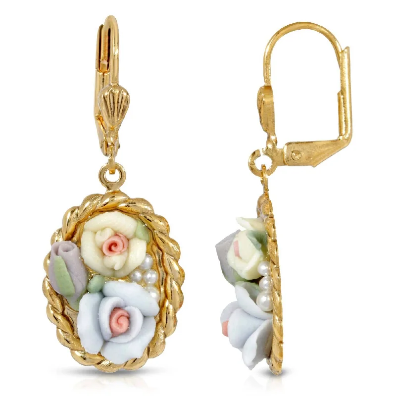 ladies earrings for birthday gift -1928 Jewelry Multicolor Porcelain Rose Faux Pearl Drop Earrings