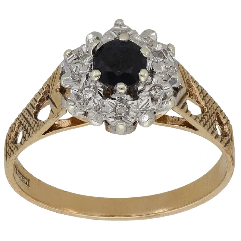 ladies engagement rings with colored gems -9ct Gold Sapphire & 0.06ct Diamond Cluster Ring Size L