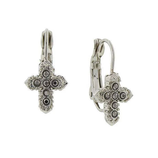 ladies earrings with topaz blue -Symbols Of Faith Hematite Crystal Petite Cross Earrings