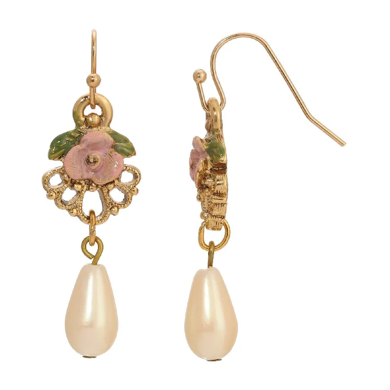 ladies earrings budget friendly -1928 Jewelry Pearly Eden Pink Rose Enamel Teardrop Faux Pearl Dangle Earrings