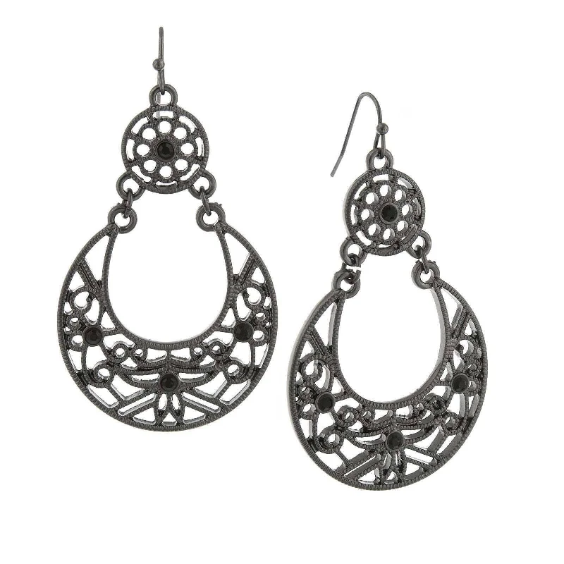 ladies earrings for trendy women -1928 Jewelry Large Jet Black Filigree Drop Earrings