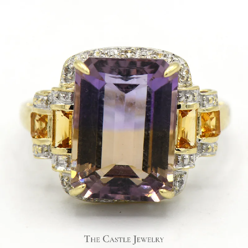 ladies rings promise ring style -Emerald Cut Ametrine Ring with Diamond and White Topaz Accents in 10k Yellow Gold