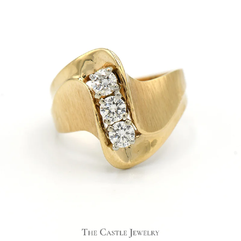 ladies rings for young women -1/2cttw 3 Diamond Swirled Bypass Ring with Brushed/Polished Detail in 14k Yellow Gold