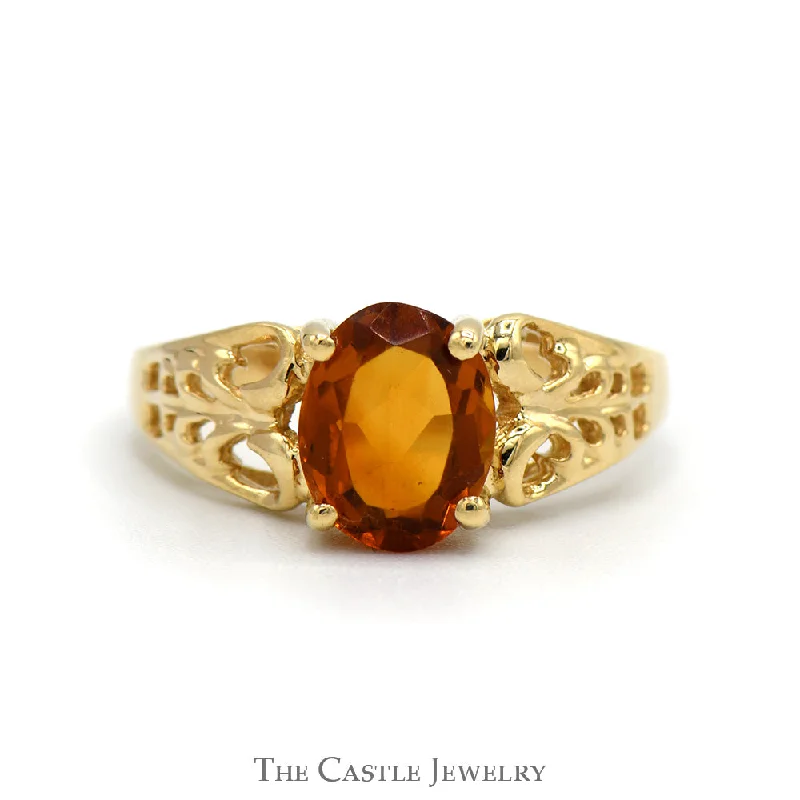 ladies rings with blue topaz -Oval Citrine Ring with Open Filigree Sides in 10k Yellow Gold