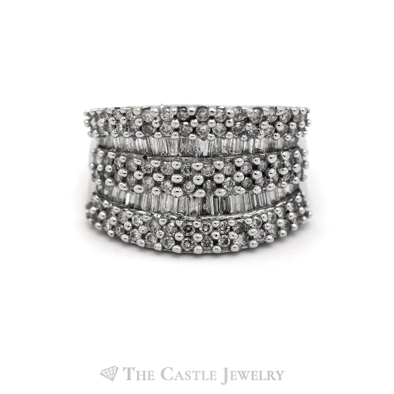 ladies rings with engraving detail -2CTTW Eight Rows of Round and Baguette Diamonds Ring in 14KT White Gold