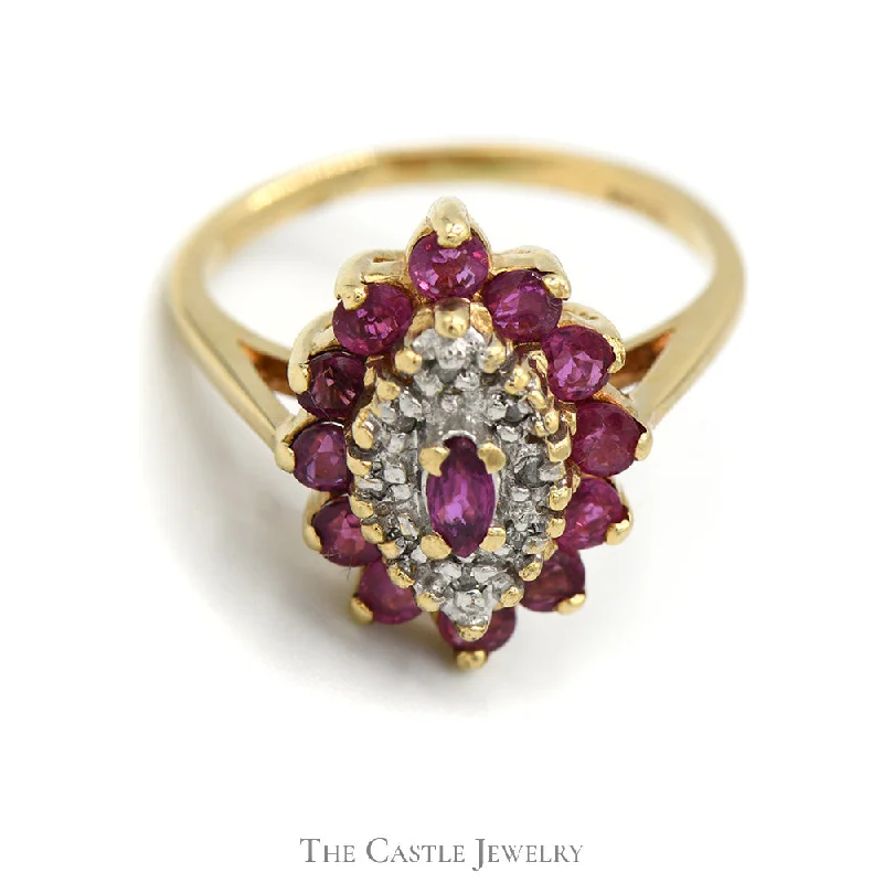 ladies rings with star detail -Marquise Shaped Diamond & Ruby Cluster Ring in 10k Yellow Gold