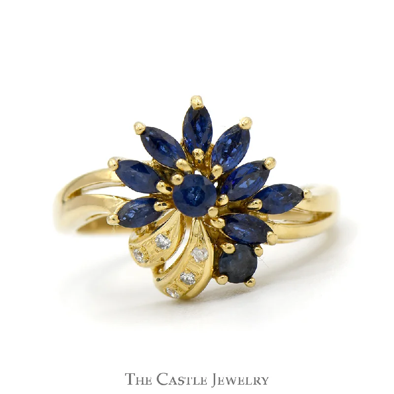 ladies rings for office style -Marquise Sapphire & Round Diamond Flower Cluster Vintage Style Ring in 18k Yellow Gold