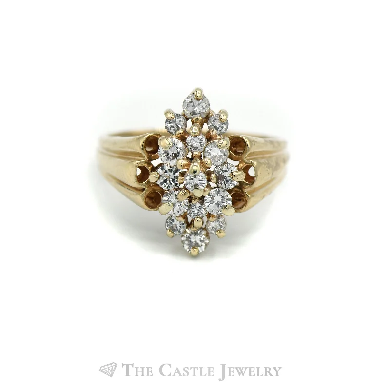 ladies rings dramatic bold look -Marquise Shaped Round Diamond Cluster Ring in 14KT Yellow Gold