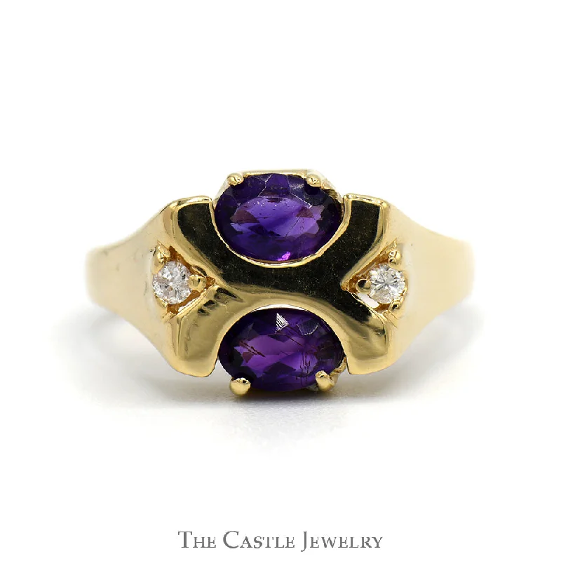 ladies rings with aquamarine gem -Double Oval Amethyst Ring with Diamond Accents in 14k Yellow Gold "X" Design