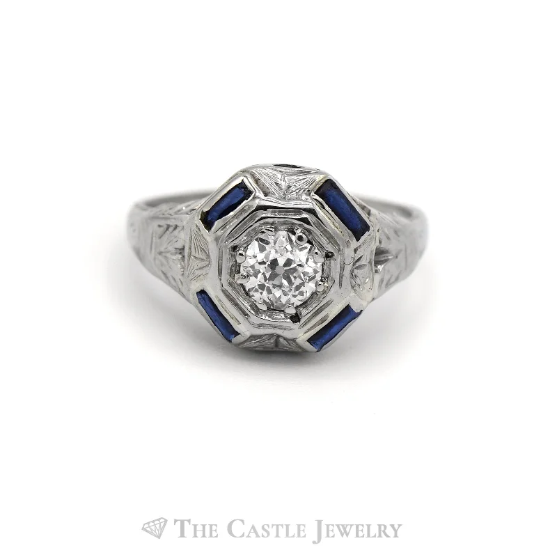 ladies rings for wedding day -Old European Cut Diamond Solitaire Ring with Sapphire Accents in 10KT White Gold