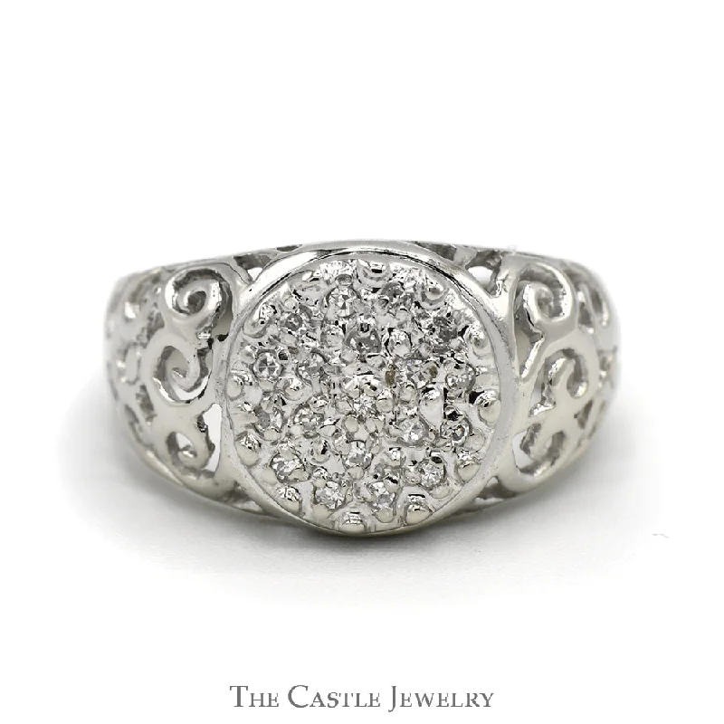 ladies rings platinum sleek finish -Kentucky Diamond Cluster Ring with Filigree Sides in 10k White Gold