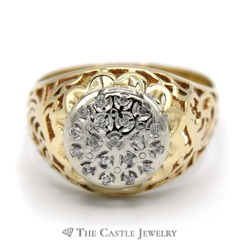 ladies rings eternity band style -Kentucky Diamond Cluster Ring with Filigree Sides in 14k Yellow Gold