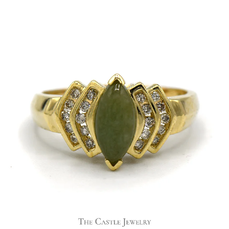 ladies rings luxury brand name -Marquise Shaped Jade Ring with Channel Set Diamond Accents in 14k Yellow Gold