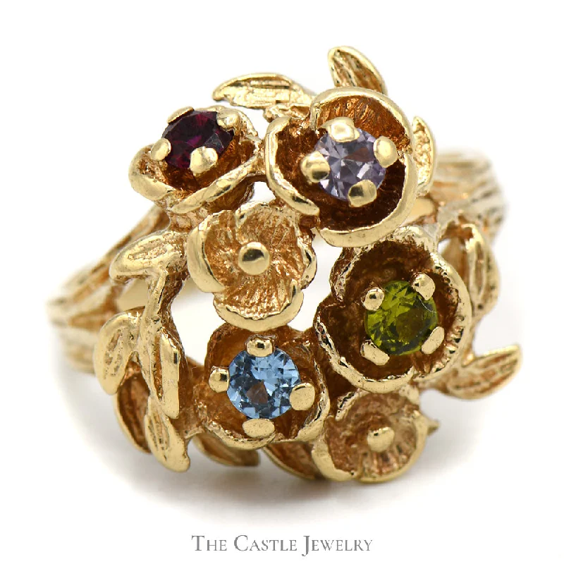 ladies rings for birthday gift -Multi Gemstone Cluster Ring with Floral Vine Design in 10k Yellow Gold