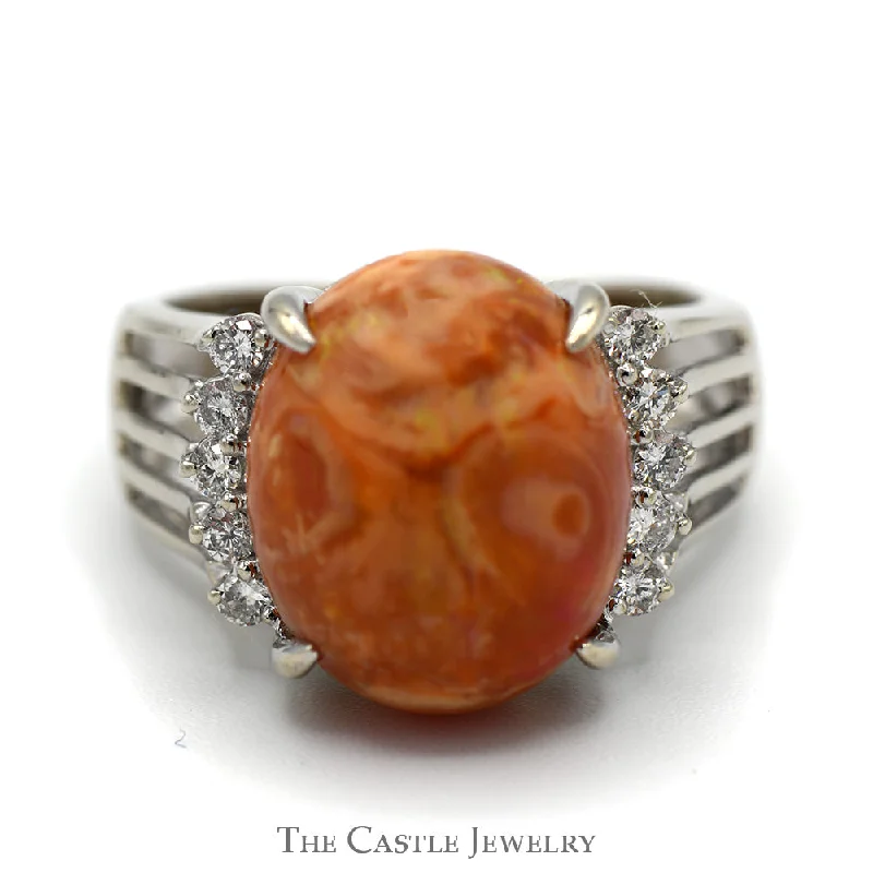 ladies rings dainty subtle look -Oval Cabochon Mexican Fire Opal Ring with Diamond Accents in 14k White Gold