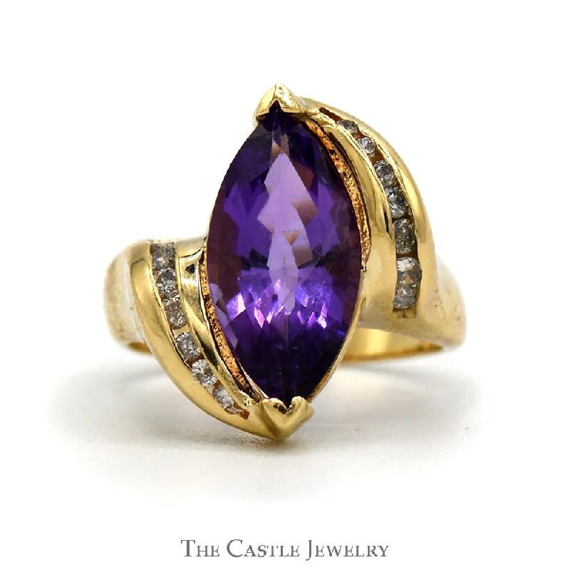 ladies rings with purple amethyst -Marquise Shaped Amethyst And Diamond Ring Bypass Design