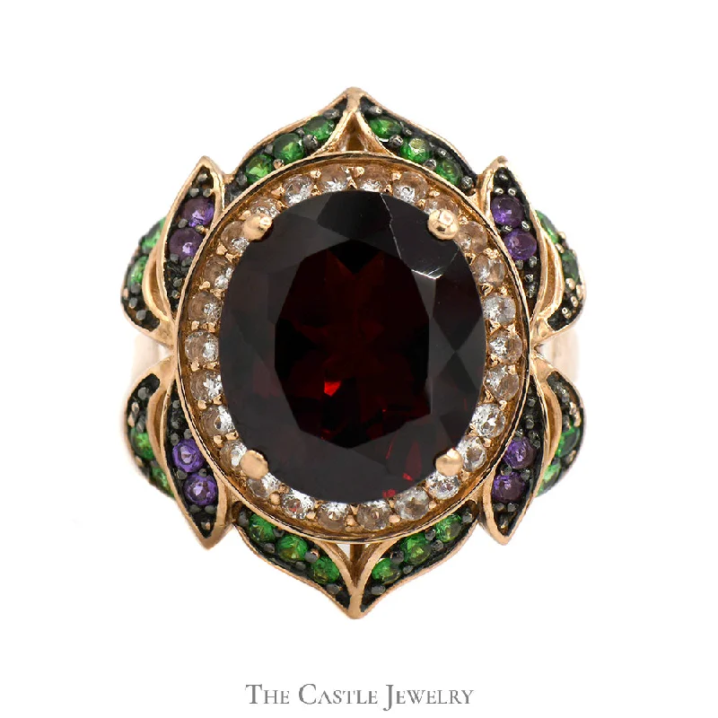 ladies rings bold fashion statement -Le Vian Oval Garnet Flower Ring with Topaz, Tsavorite and Amethyst Accents in 14k Rose Gold