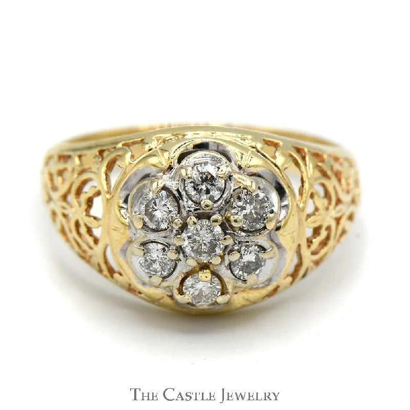 ladies rings for stylish women -7 Diamond Kentucky Cluster Ring with Filigree Sides in 10k Yellow Gold