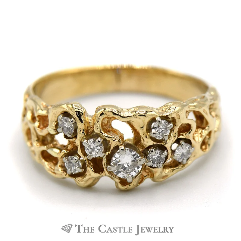 ladies rings art deco flair -1/2cttw Round Diamond Cluster Ring set in 14k Yellow Gold Nugget Mounting