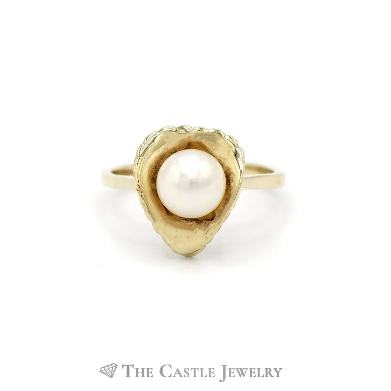 ladies rings two tone metal -Round Pearl Ring in Leaf Designed 14k Yellow Gold Setting