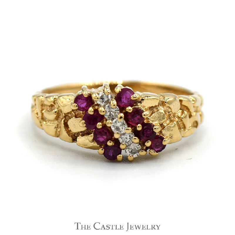 ladies rings for gifting ideas -Round Ruby & Diamond Cluster Ring with Nugget Style Mounting in 14k Yellow Gold