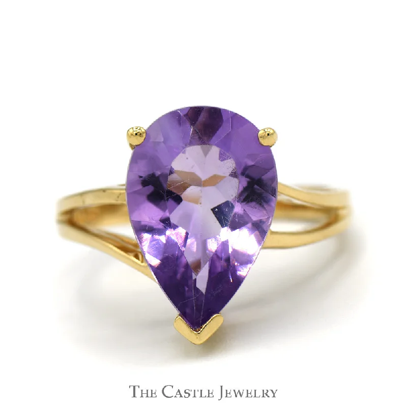 ladies rings for mother gift -Pear Cut Amethyst Ring with Split Shank Sides in 10k Yellow Gold