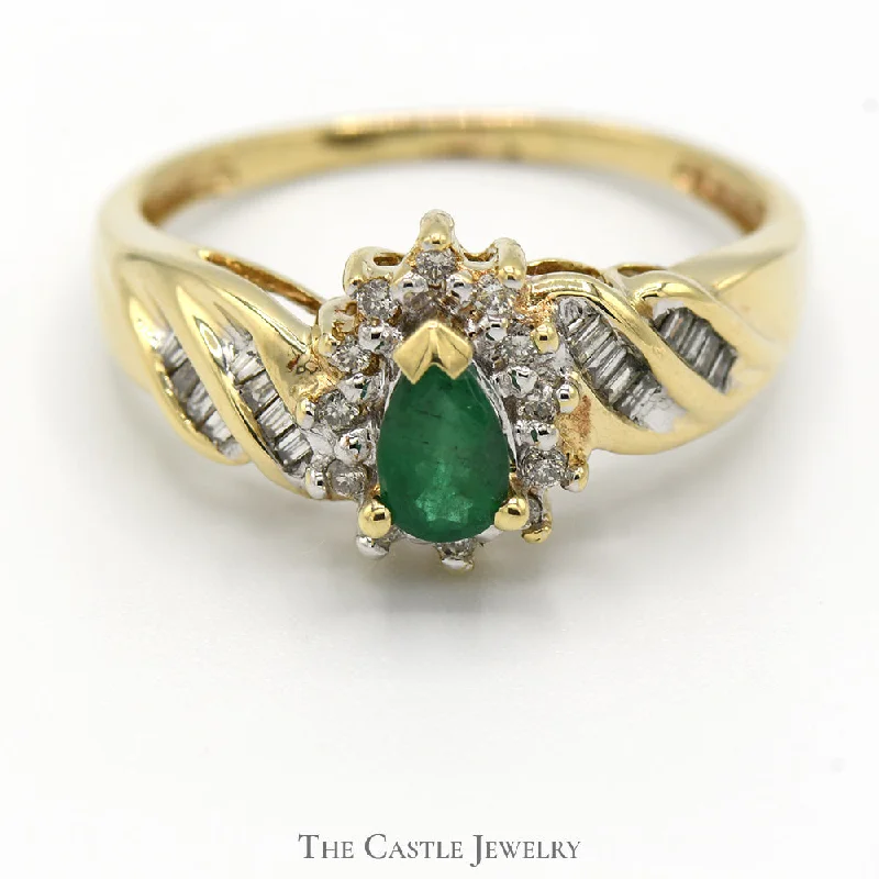 ladies rings handmade unique craft -Pear Cut Emerald Ring with Diamond Halo and Baguette Accents in 10k Yellow Gold