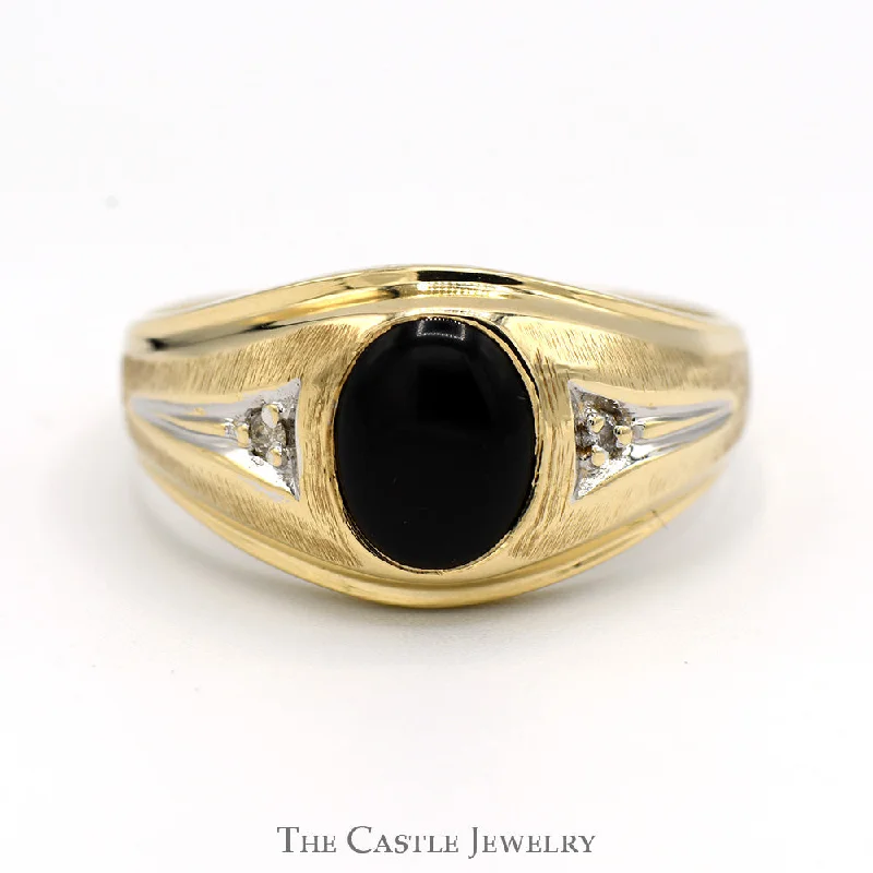 ladies rings with gold plating -Oval Cut Black Onyx Ring with Diamond Accents in 10k Yellow Gold