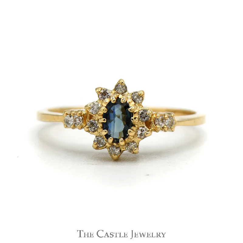 ladies rings for young women -Oval Cut Sapphire Ring With Diamond Halo And Sides .10CTTW In 14KT Yellow Gold