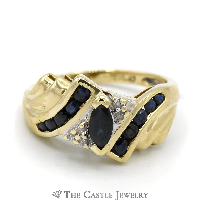 ladies rings elegant gold tone -Marquise Cut Sapphire Ring with Round Diamond and Sapphire Accents in 10k Yellow Gold