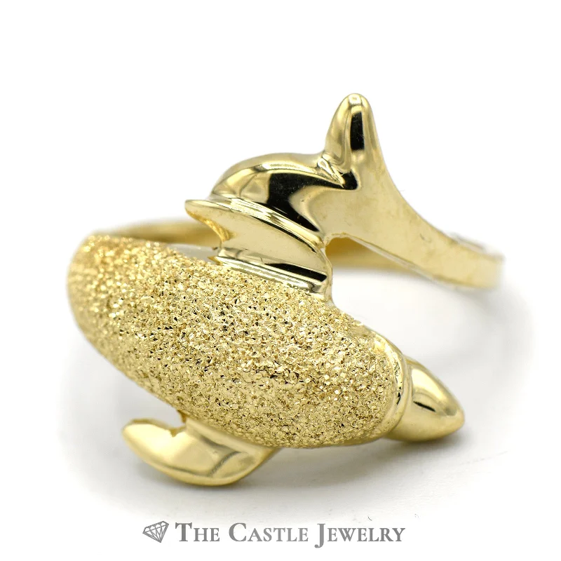 ladies rings with rose quartz -14k Yellow Gold Textured Dolphin Ring