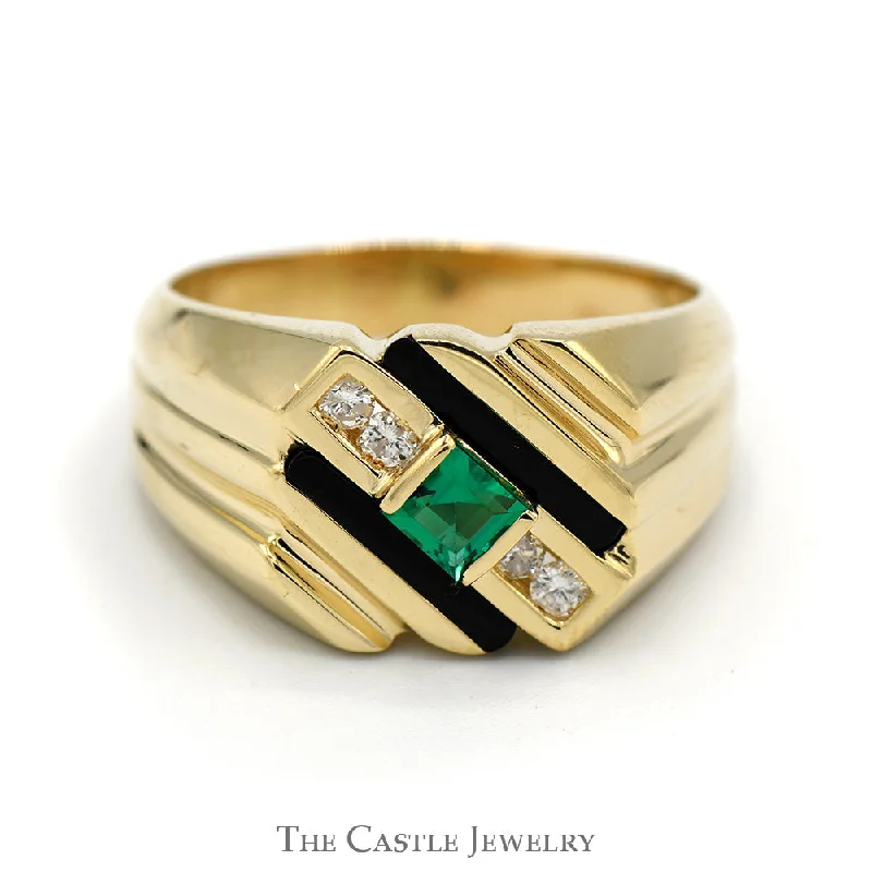 ladies rings with purple amethyst -Square Cut Emerald Ring with Onyx and Diamond Accents in 14k Yellow Gold