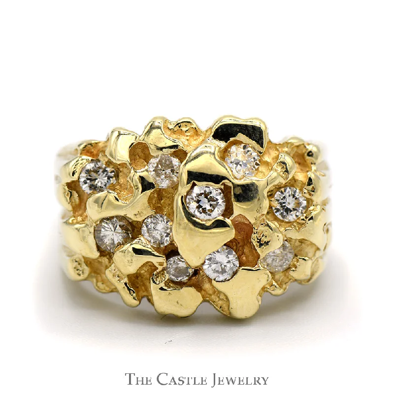 ladies rings vintage inspired look -3/4cttw Diamond Cluster Nugget Designed Men's Ring in 10k Yellow Gold