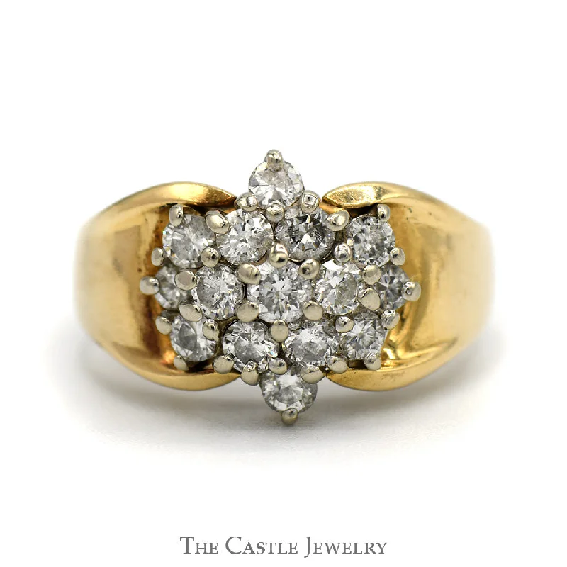 ladies rings with moonstone shine -1cttw Diamond Star Cluster Ring with Polished Sides in 14k Yellow Gold