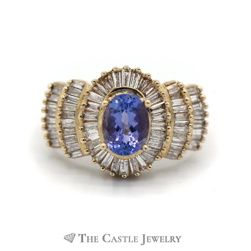 ladies rings with gemstone sparkle -Oval Cut Tanzanite Ring with 1.5cttw Baguette Cut Diamond Halo & Accents