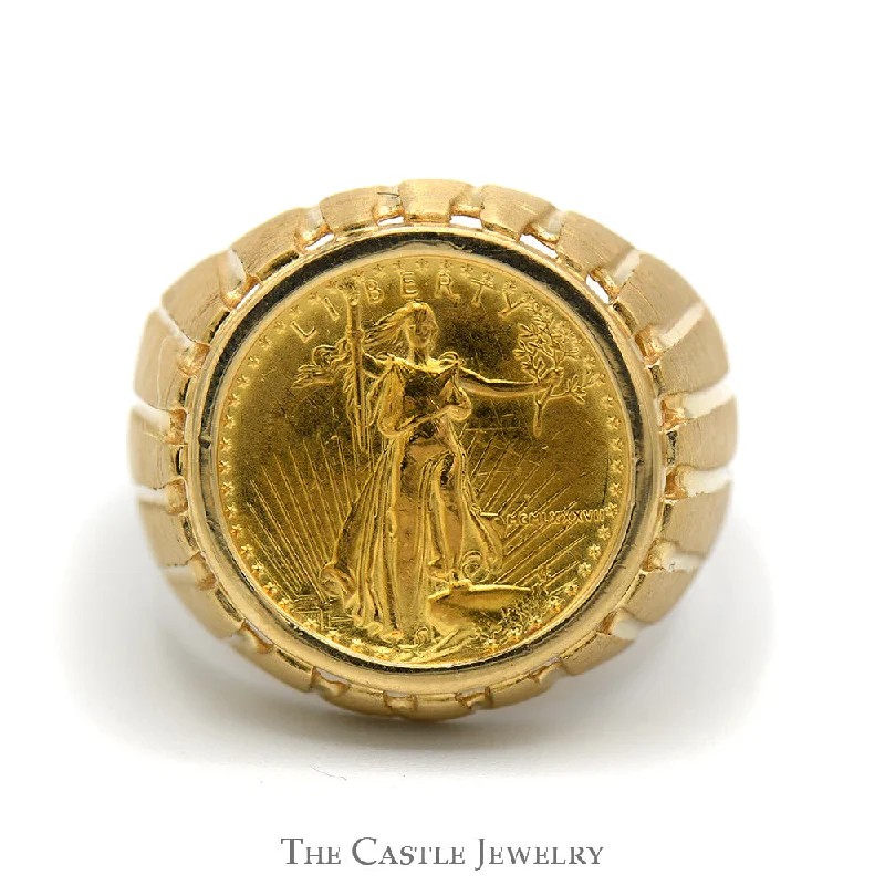 ladies rings with aquamarine gem -Liberty Coin Ring in Grooved Designed Mounting in 14k Yellow Gold