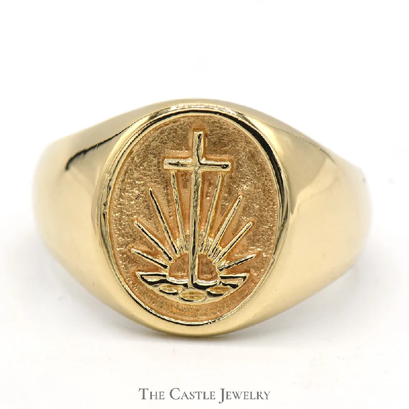 ladies rings for proposal moment -Oval Signet Ring with Cross in Front of Sunrise Design in 14k Yellow Gold