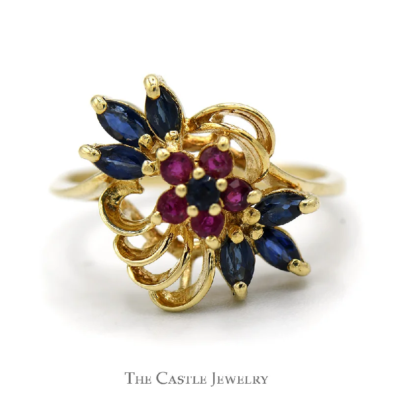 ladies rings with diamond accent -Round Ruby & Marquise Sapphire Cluster Ring with Freeform Vintage Design in 14k Yellow Gold