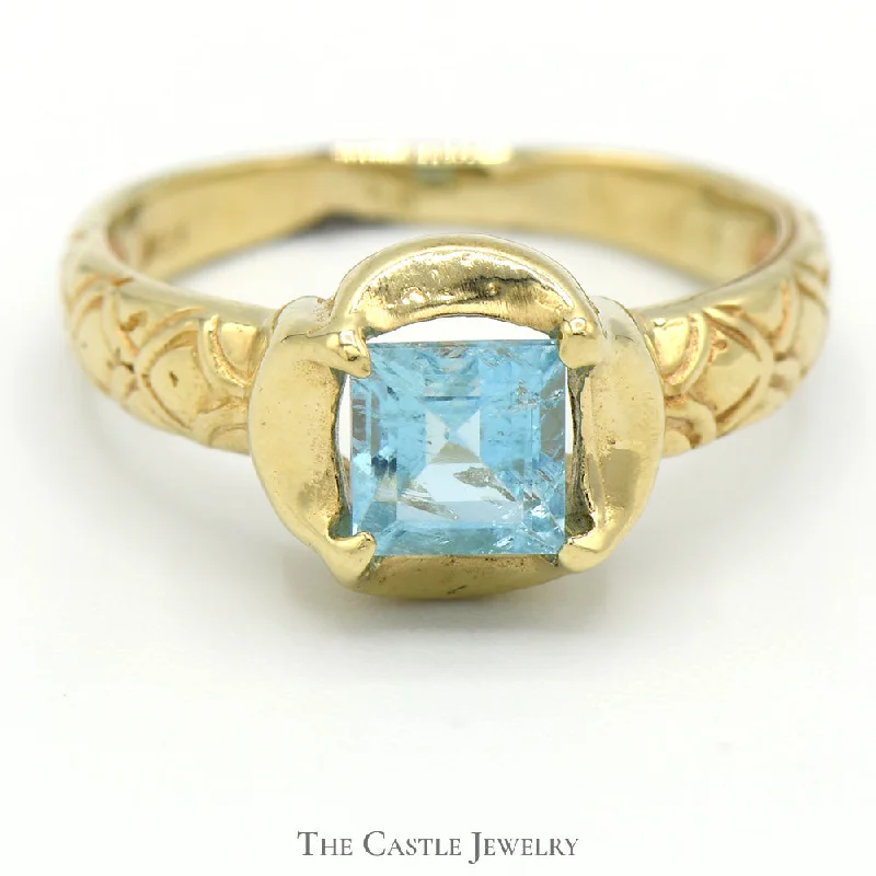 ladies rings stackable set design -Square Shaped Blue Topaz Ring in 14k Yellow Gold Concave Mounting with Ornate Sides