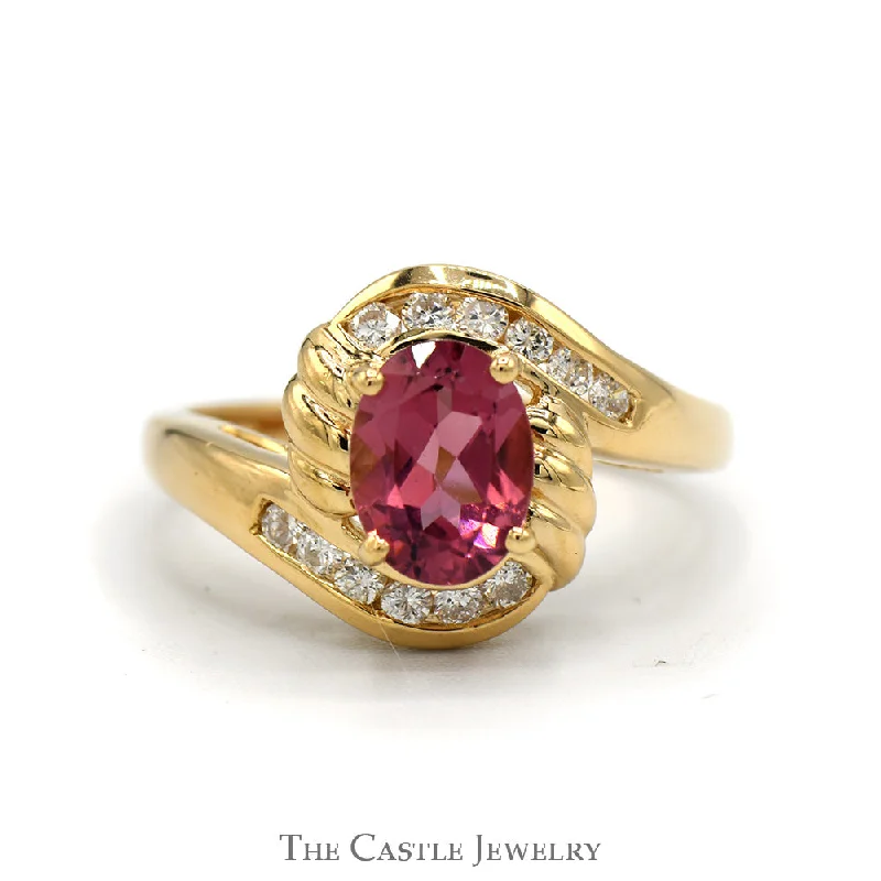 ladies rings handmade unique craft -Oval Pink Tourmaline And Channel-Set Diamond Ring in Bypass Design 14 KT Yellow Gold