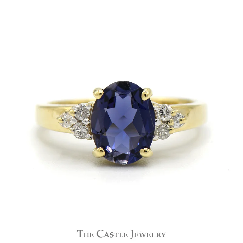 ladies rings with green peridot -Oval Tanzanite Ring with Diamond Cluster Sides in 14k Yellow Gold