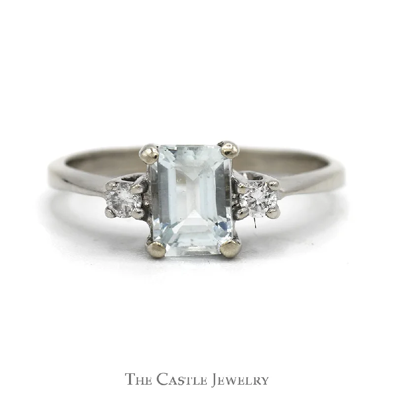 ladies rings with green emerald -Emerald Cut Aquamarine And Diamond Ring .10 CTTW In 14KT White Gold