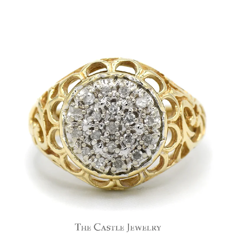 ladies rings budget friendly luxury -Diamond Kentucky Cluster Ring with Filigree Sides in 10k Yellow Gold