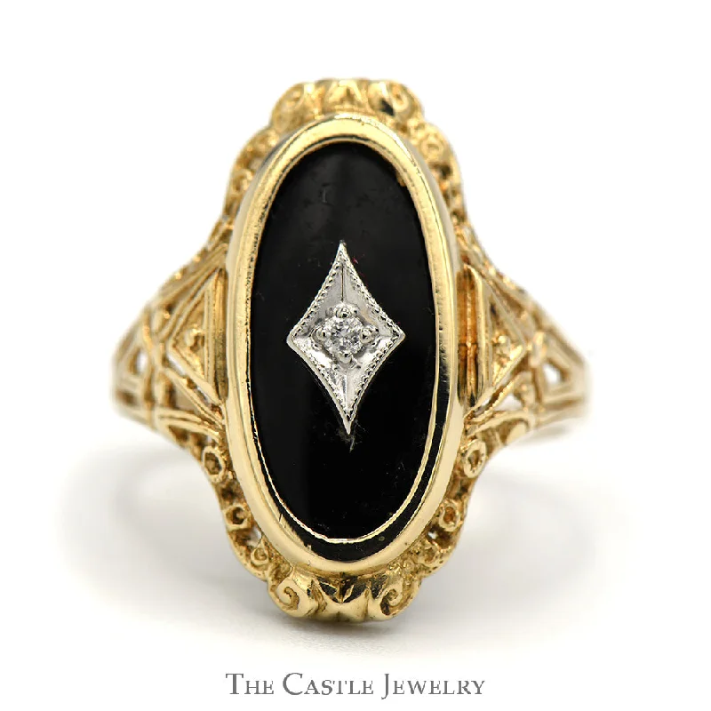 ladies rings with gold plating -Elongated Oval Black Onyx Shield Ring with Diamond Accent in 10k Yellow Gold