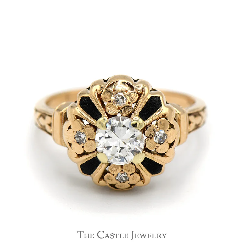 ladies rings with zircon sparkle -Antique Style Diamond Solitaire Ring with Diamond and Black Inlays in 14k Yellow Gold