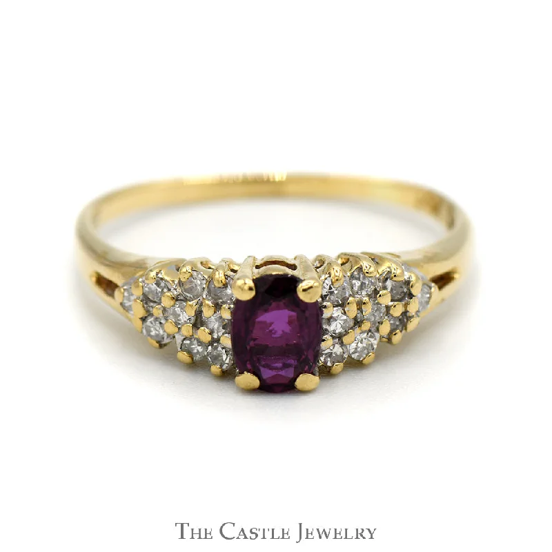 ladies rings geometric unique shape -Oval Ruby Ring with Diamond Cluster Accents in 14k Yellow Gold