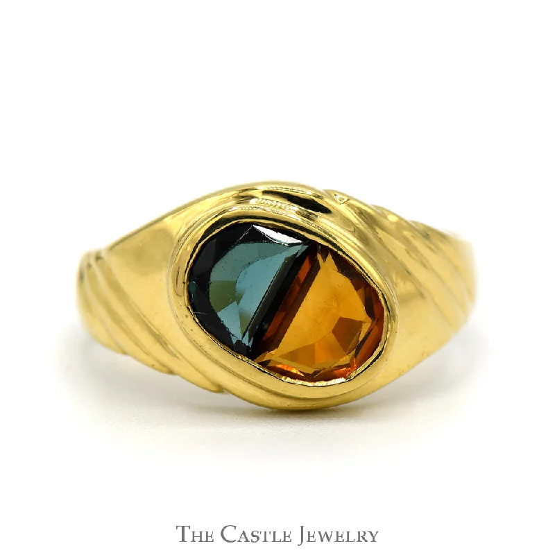 ladies rings platinum sleek finish -Oval Shaped Blue Topaz and Citrine Combo Ring in 18k Yellow Gold Ridged Mounting