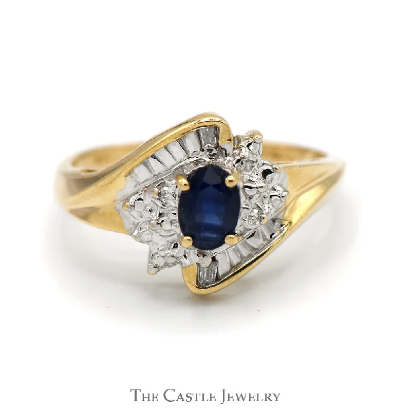 ladies rings classic timeless beauty -Oval Sapphire Ring with Illusion Set Diamond Accents in 14k Yellow Gold