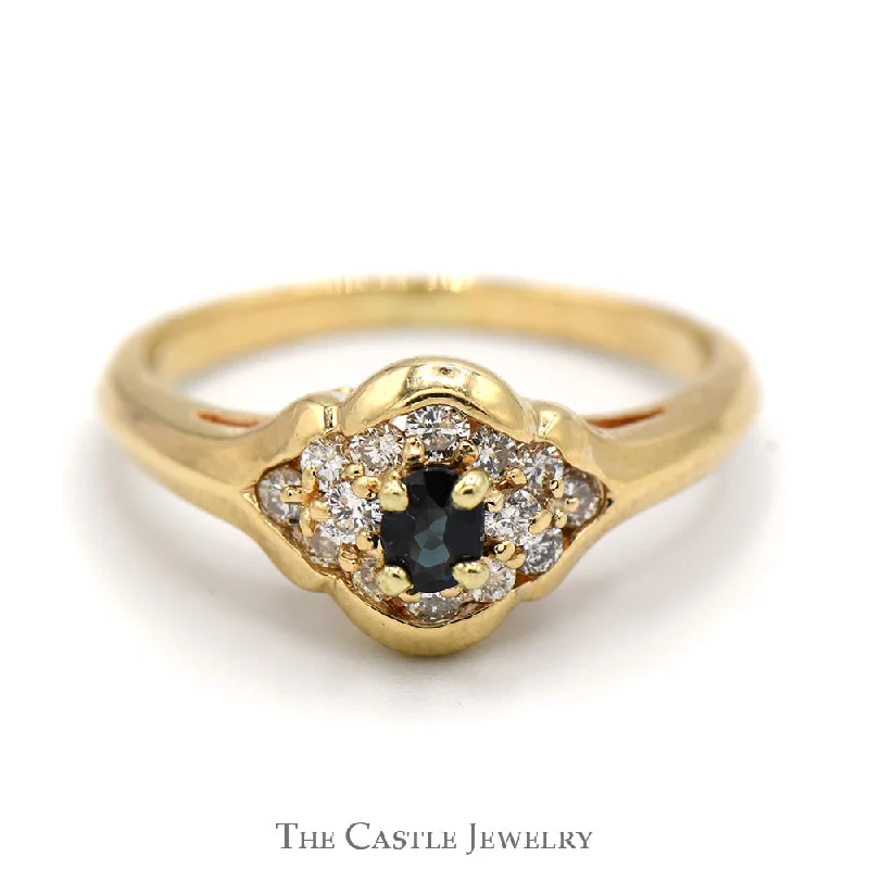 ladies rings art deco flair -Oval Sapphire Ring with Diamond Cluster Accents in 14k Yellow Gold