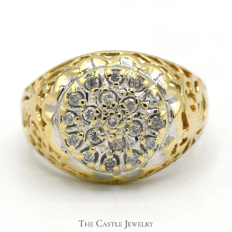 ladies rings for bold fashion -1/2cttw Kentucky Diamond Cluster Ring with Filigree Sides in 10k Yellow Gold